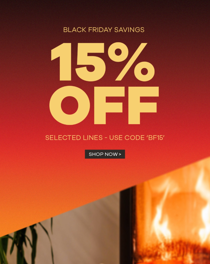 Black Friday savings advertisement with a fireplace in the background