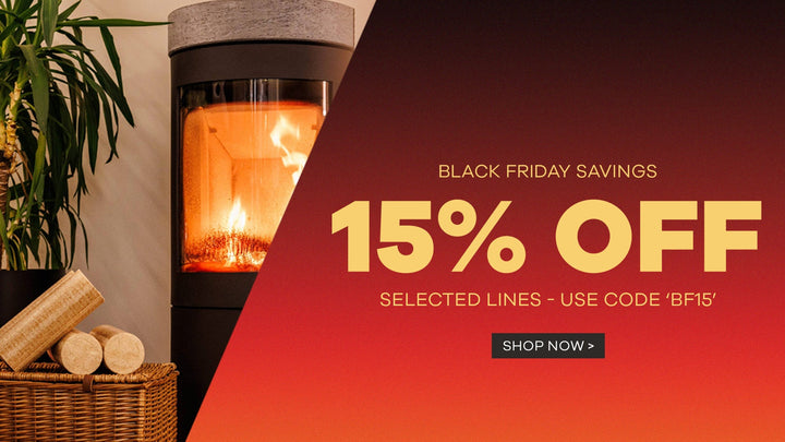 Promotional banner for Black Friday savings with a fireplace and logs, featuring a 15% off discount offer.